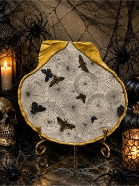 Hand crafted spider web and moth trinket shell dish 5”